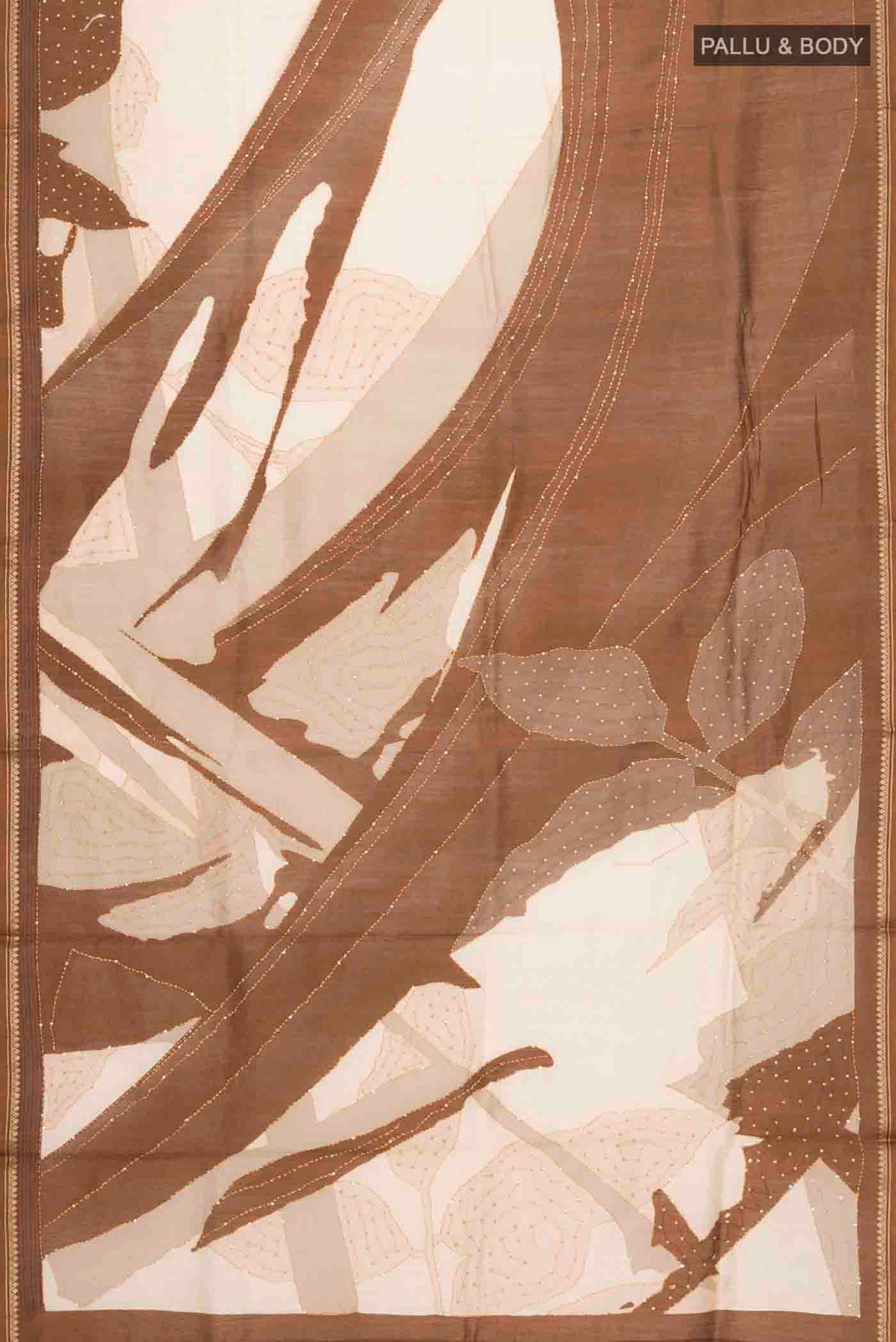 Flat view of Brown Bhagalpuri Tussar Silk Saree with Embroidery on the body and Zari Border