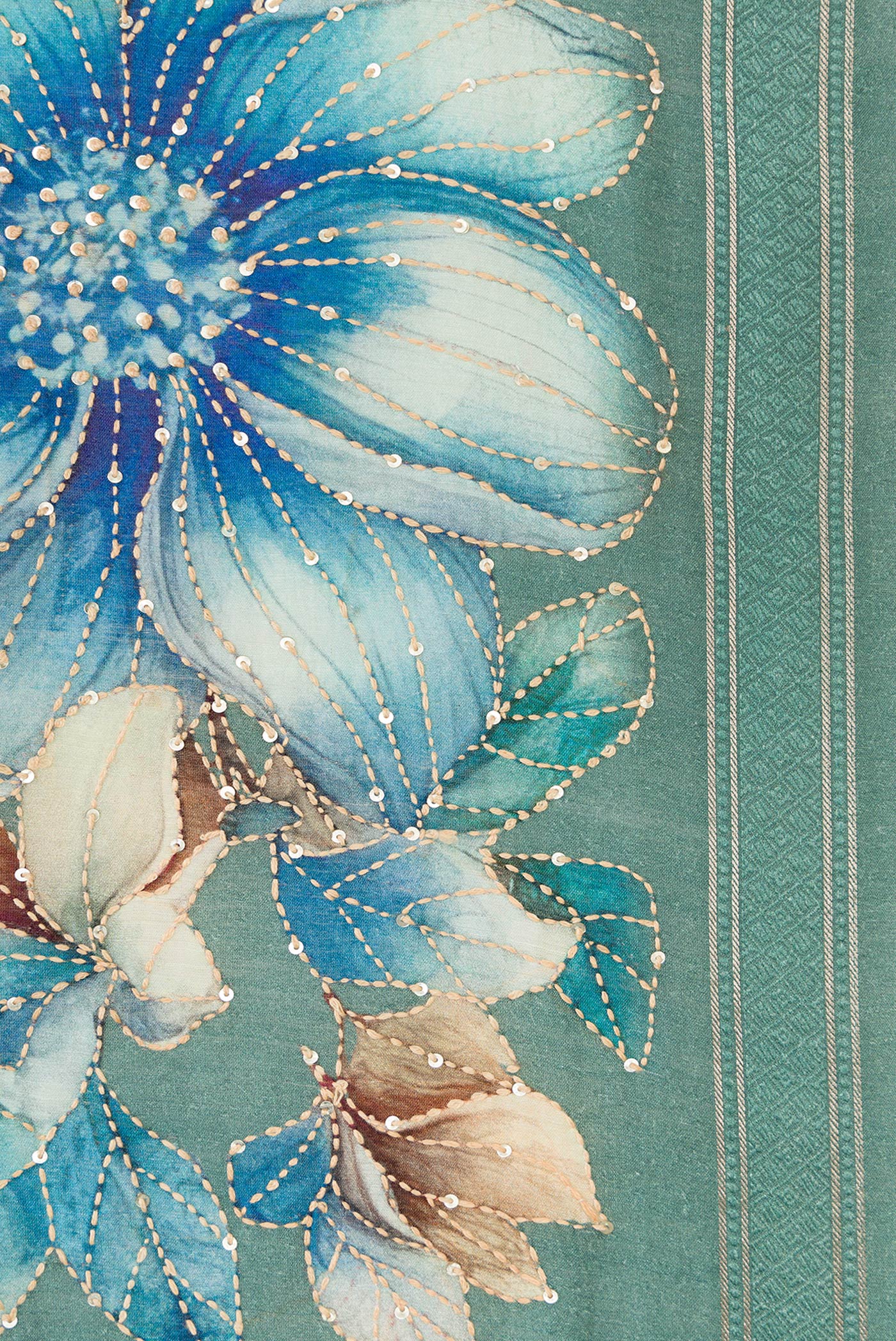 Border image of Green Dual Tone Tussar Silk Saree with Embroidery on the body and Zari Border. 