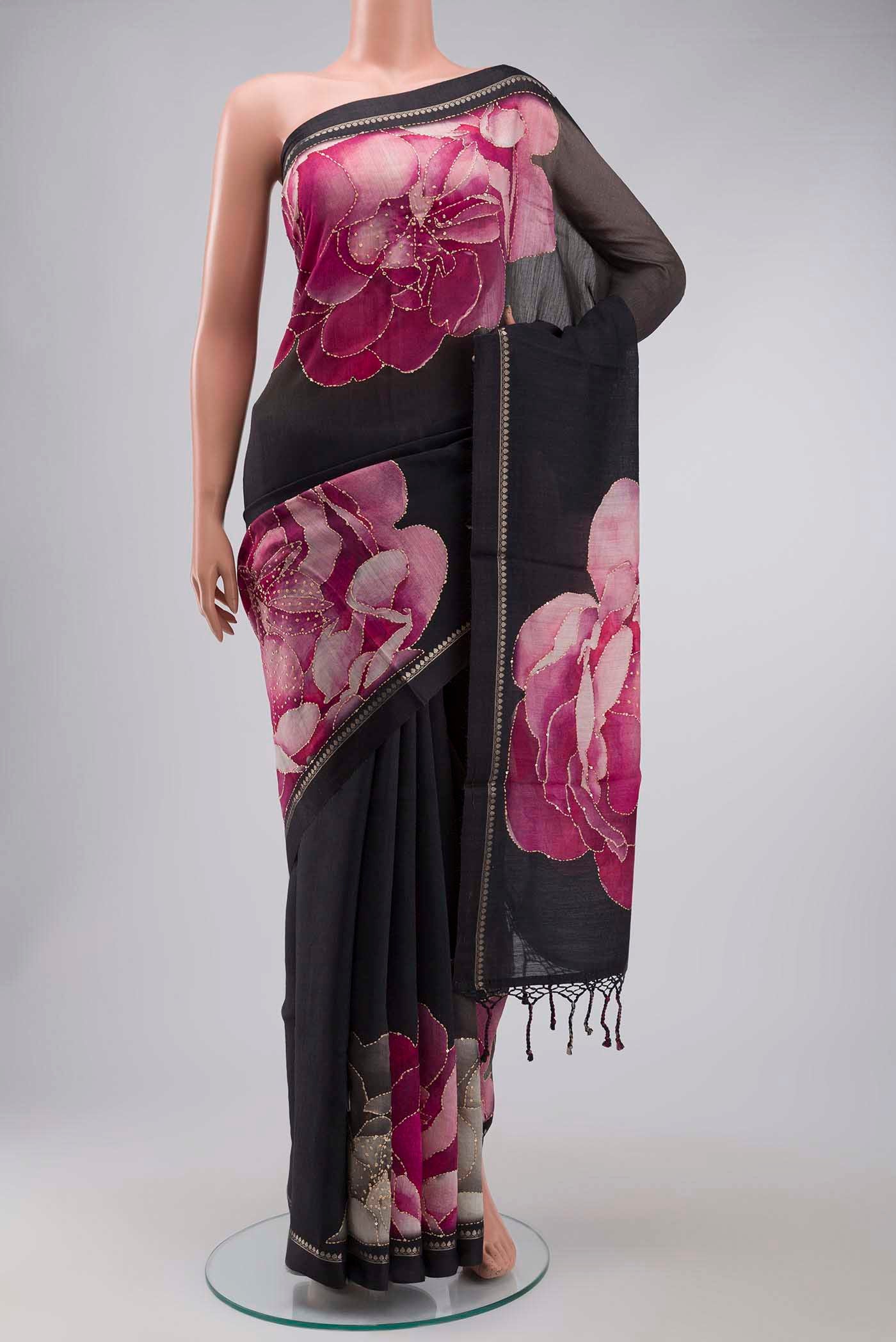 Black Bhagalpuri Tussar Silk Saree with Embroidery on the body and Zari Border displayed on a mannequin