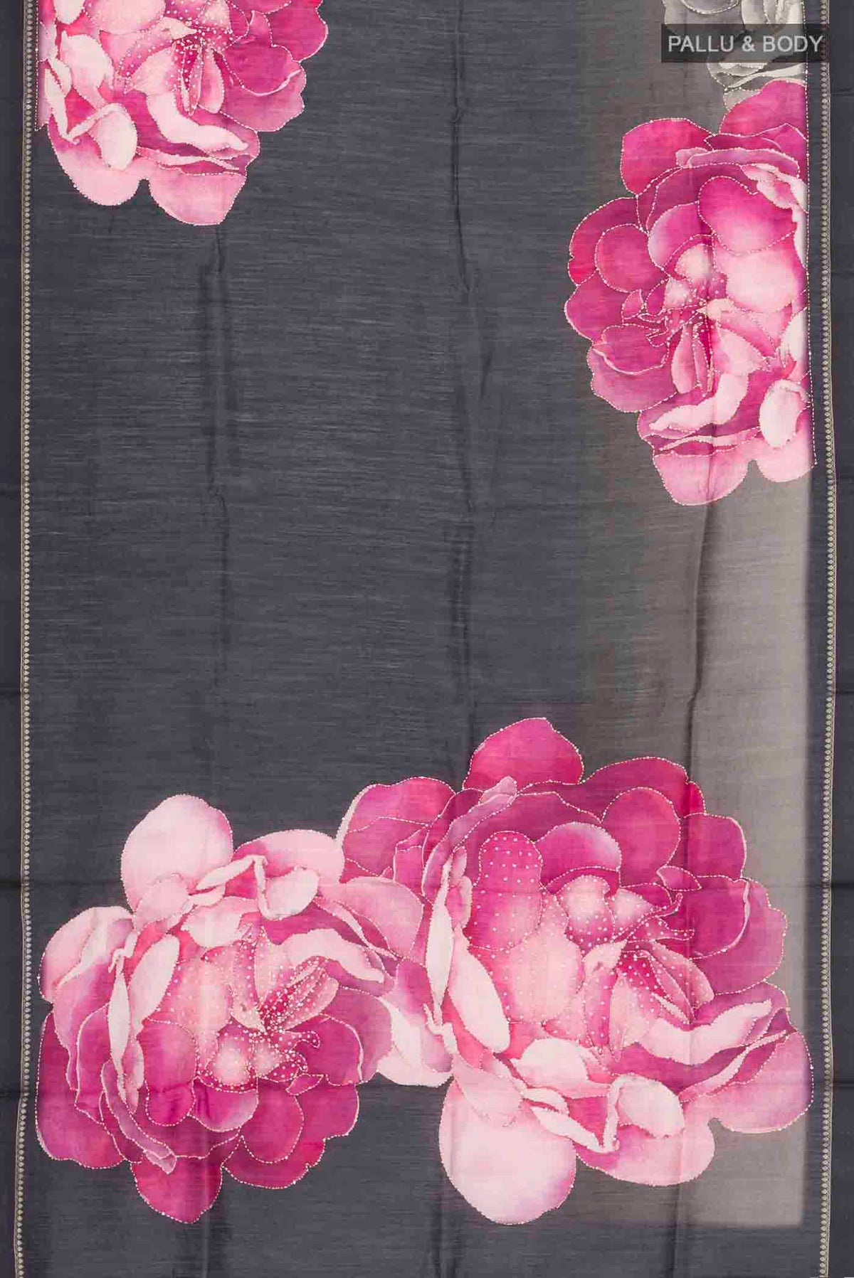 Flat view of Black Bhagalpuri Tussar Silk Saree with Embroidery on the body and Zari Border