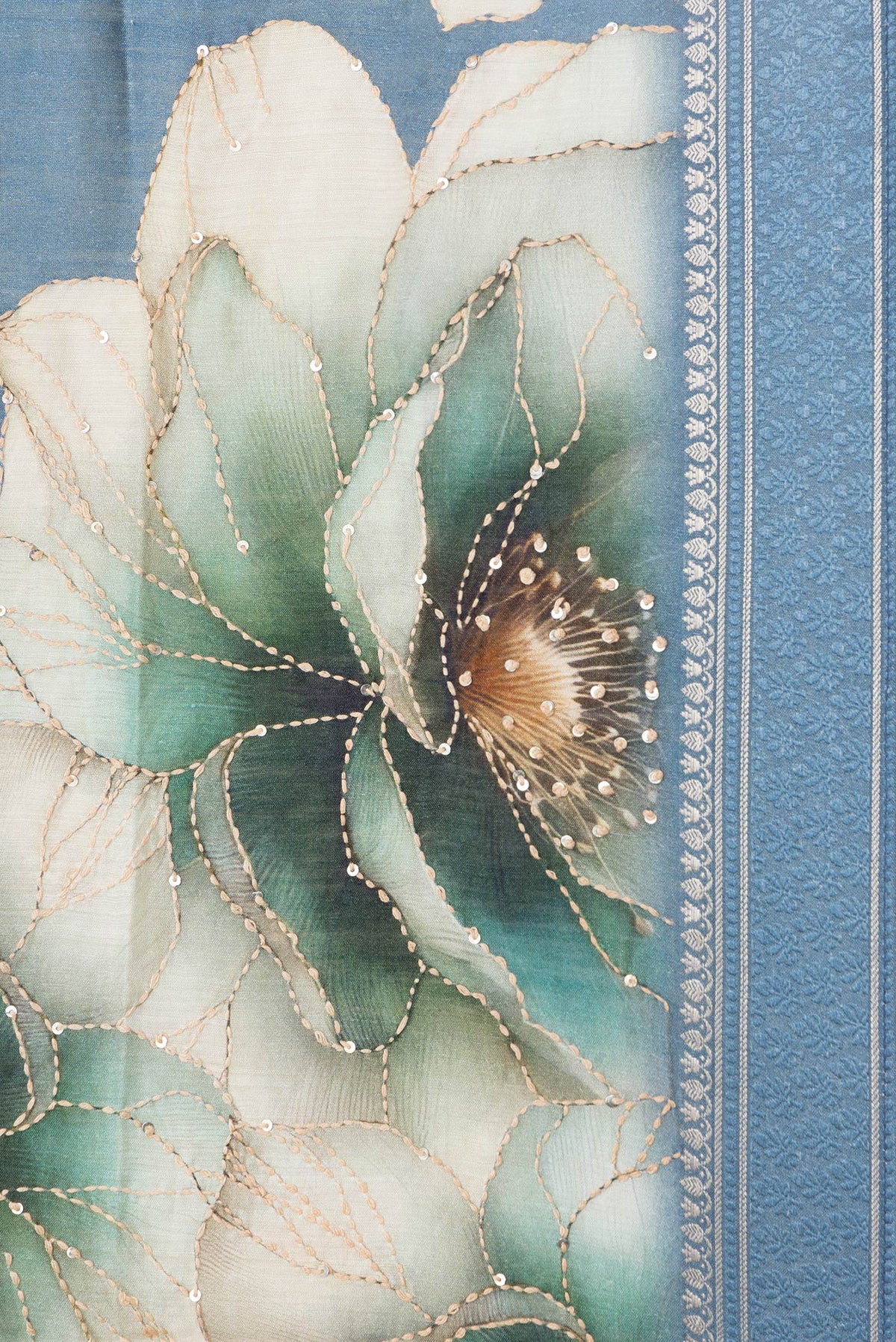 Border image of Light Blue Dual Tone Tussar Silk Saree with Embroidery on the body and Zari And Thread Border. 