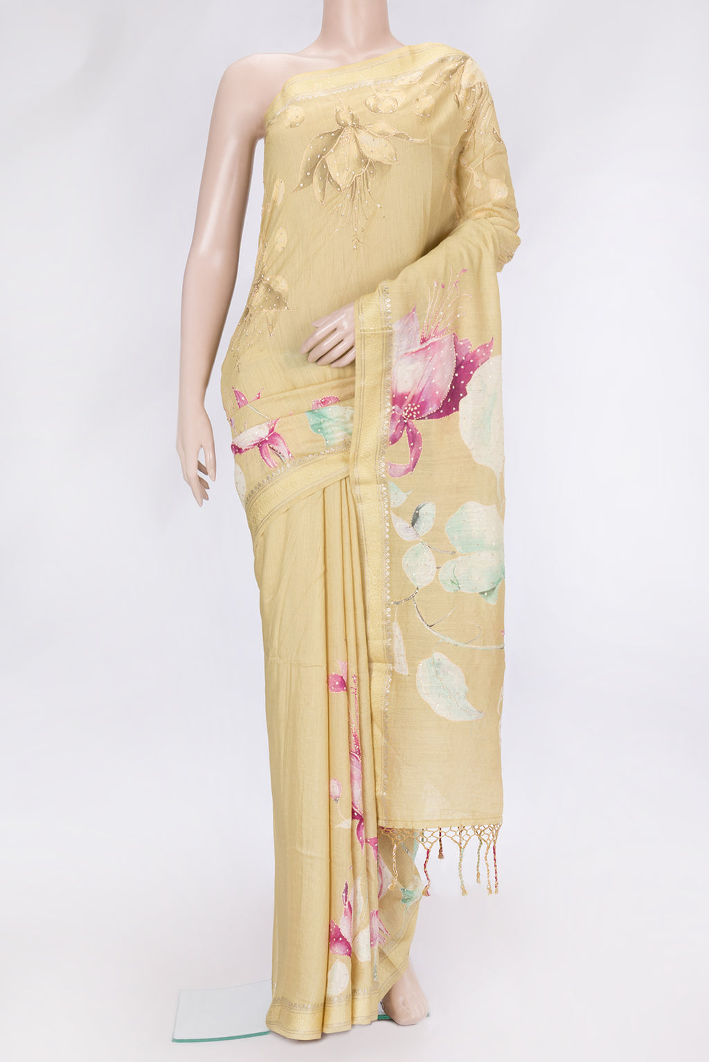 Sandal Dual Tone Tussar Silk Saree with Embroidery on the body and Zari And Thread Border.  displayed on a mannequin