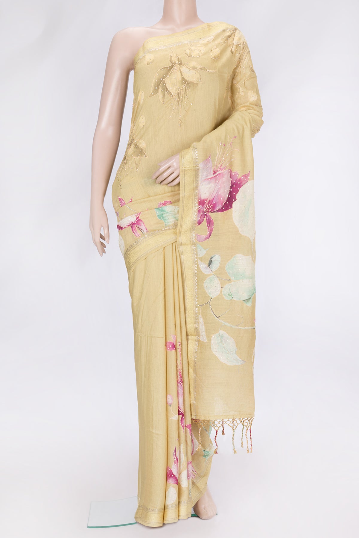 Sandal Dual Tone Tussar Silk Saree with Embroidery on the body and Zari And Thread Border.  displayed on a mannequin