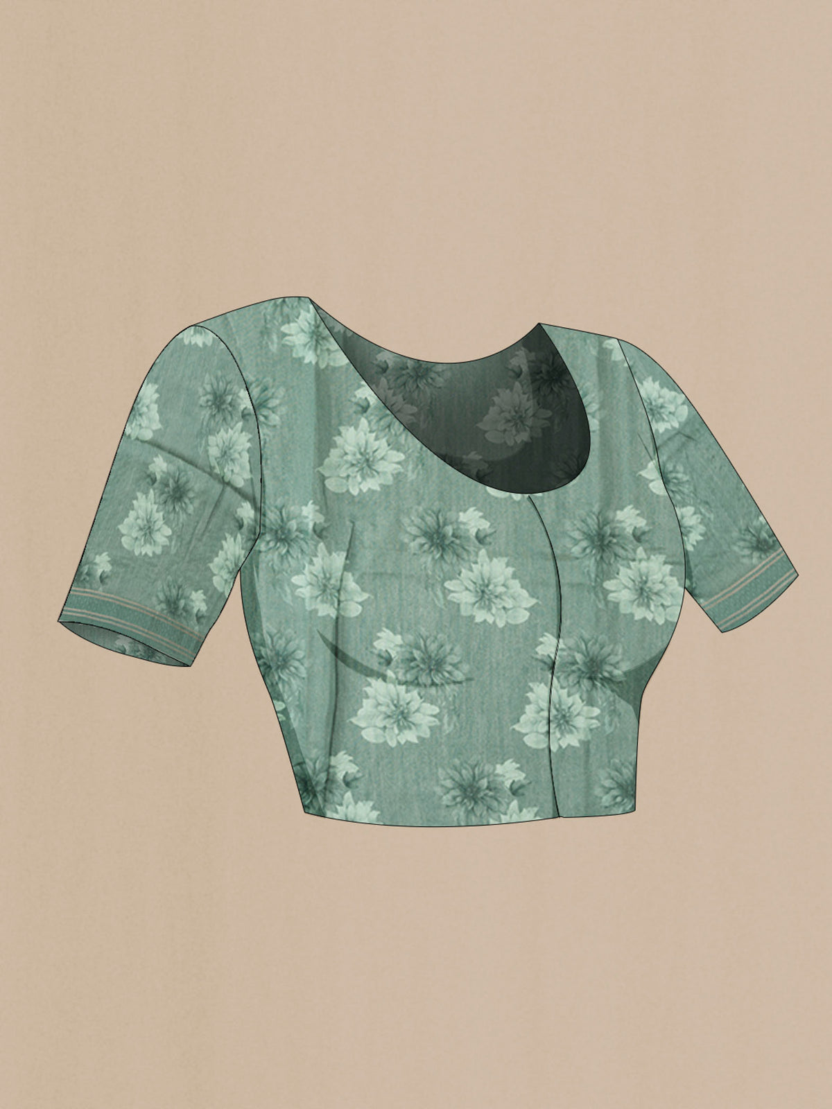 Close up image of the blouse of Sage Green Tussar Silk Saree with Embroidery on the body and Thread Border