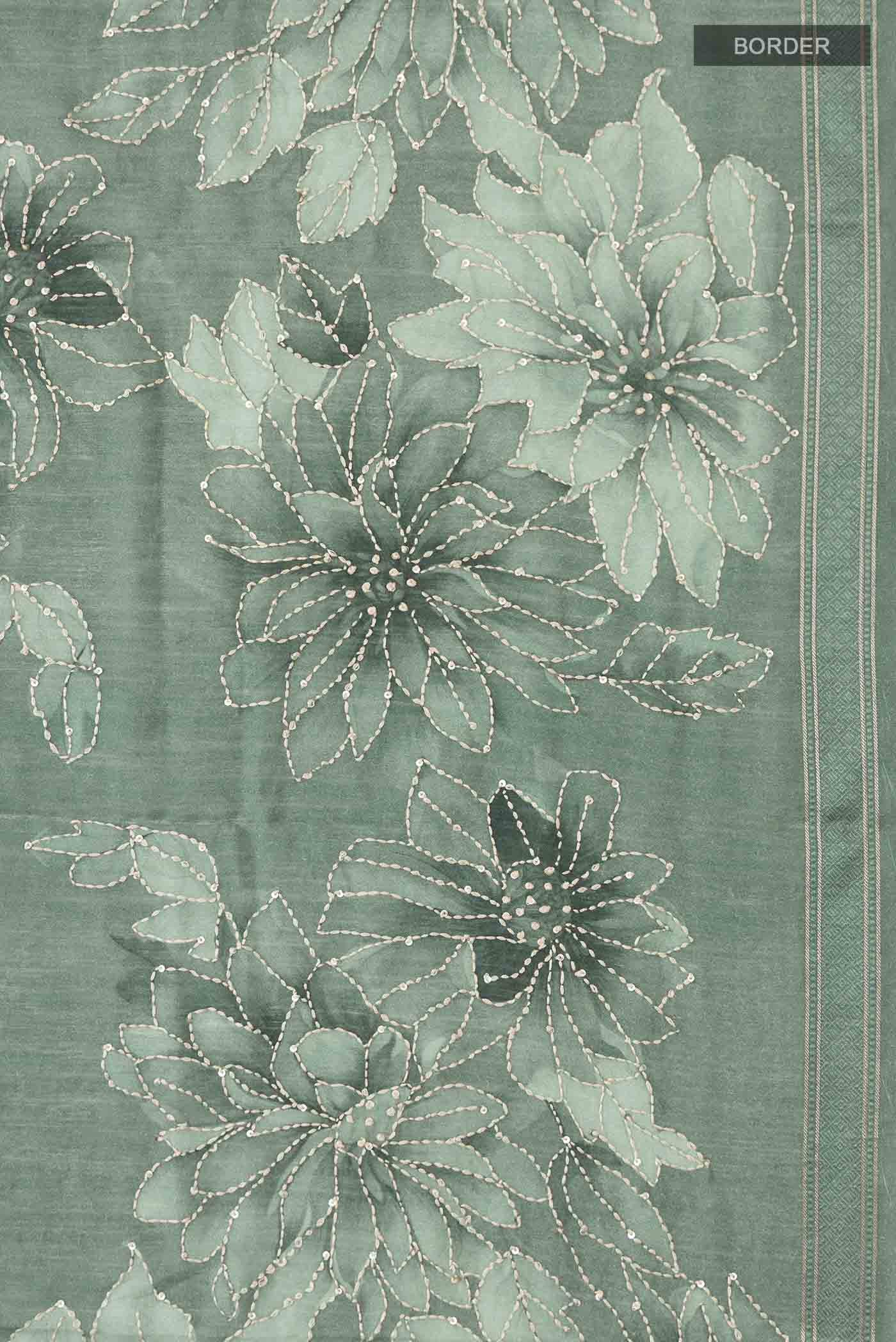 Border image of Sage Green Tussar Silk Saree with Embroidery on the body and Thread Border