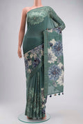 Sage Green Tussar Silk Saree with Embroidery on the body and Thread Border displayed on a mannequin