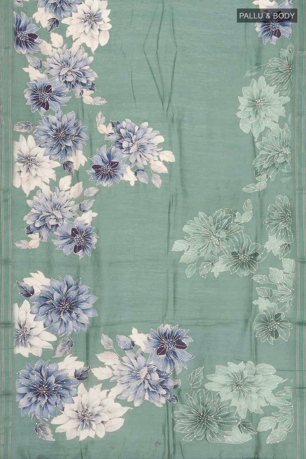 Flat view of Sage Green Tussar Silk Saree with Embroidery on the body and Thread Border