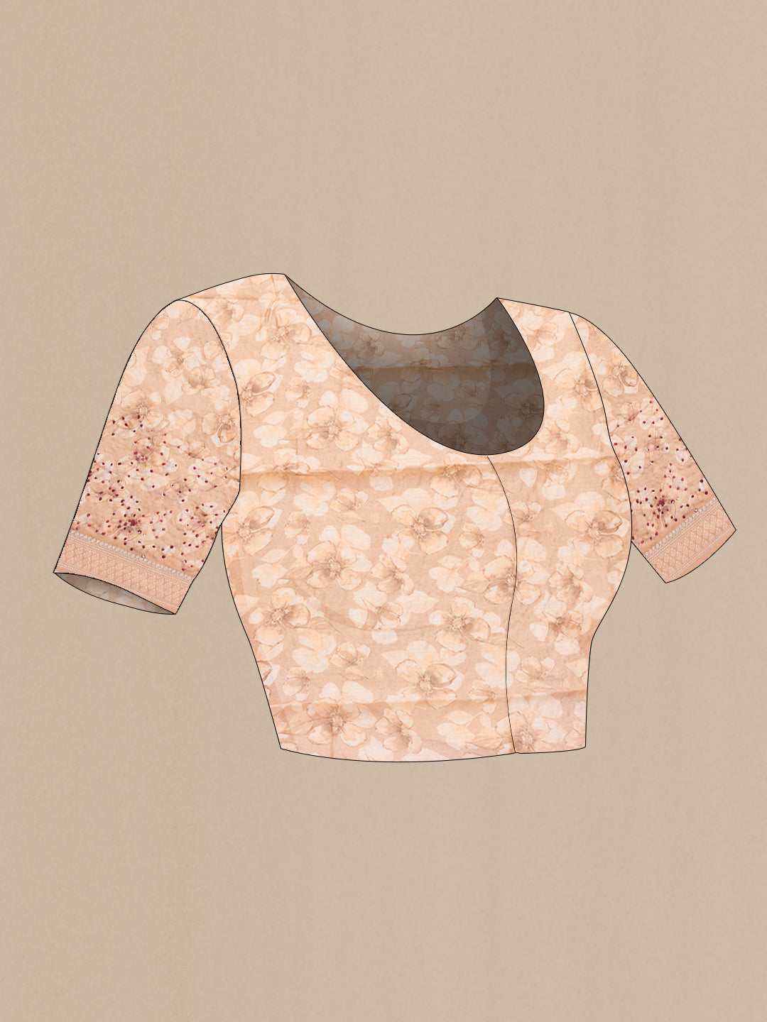 Close up image of the blouse of Golden Peach Dual Tone Tussar Silk Saree with Embroidery on the body and Zari And Thread Border. 