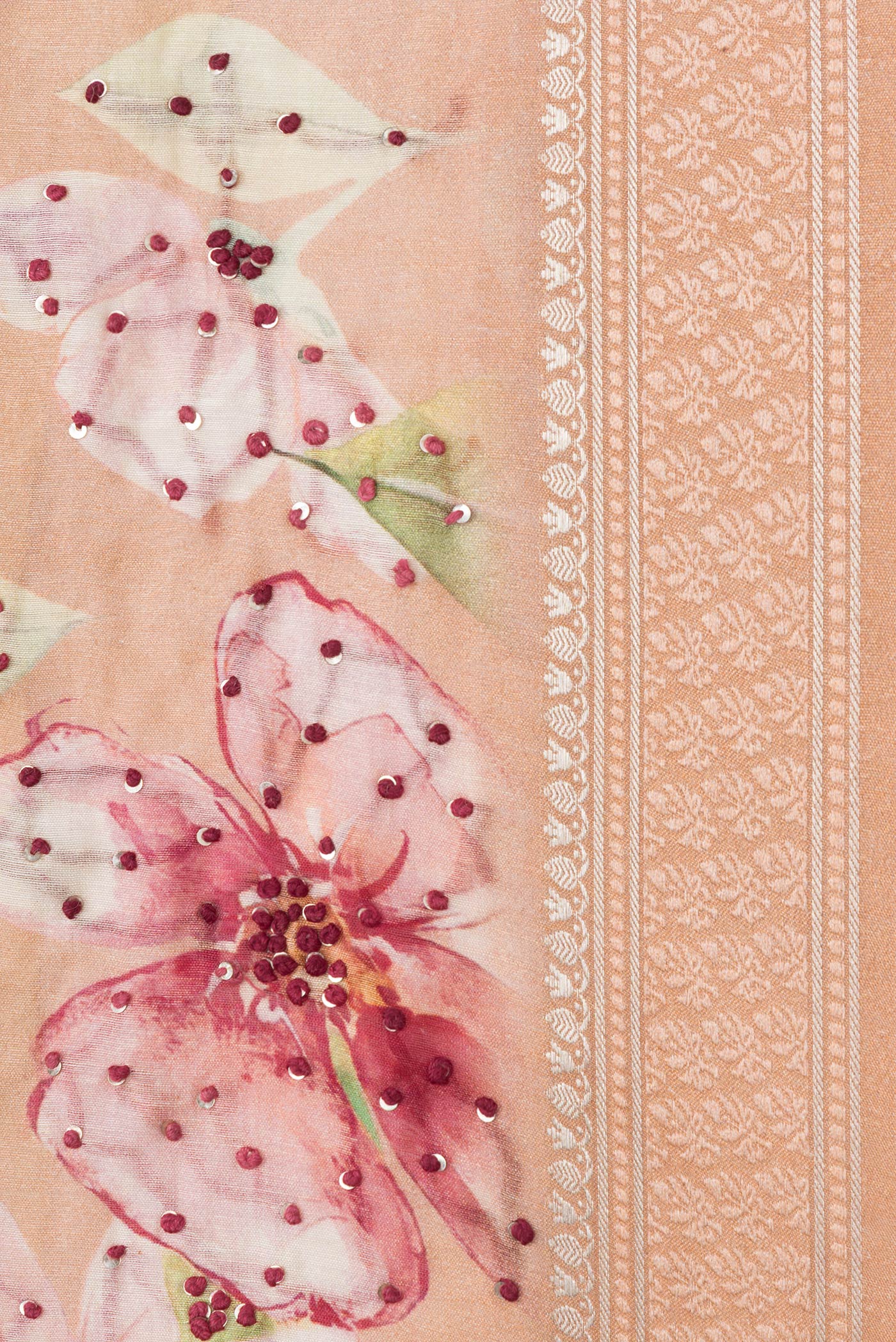 Border image of Golden Peach Dual Tone Tussar Silk Saree with Embroidery on the body and Zari And Thread Border. 