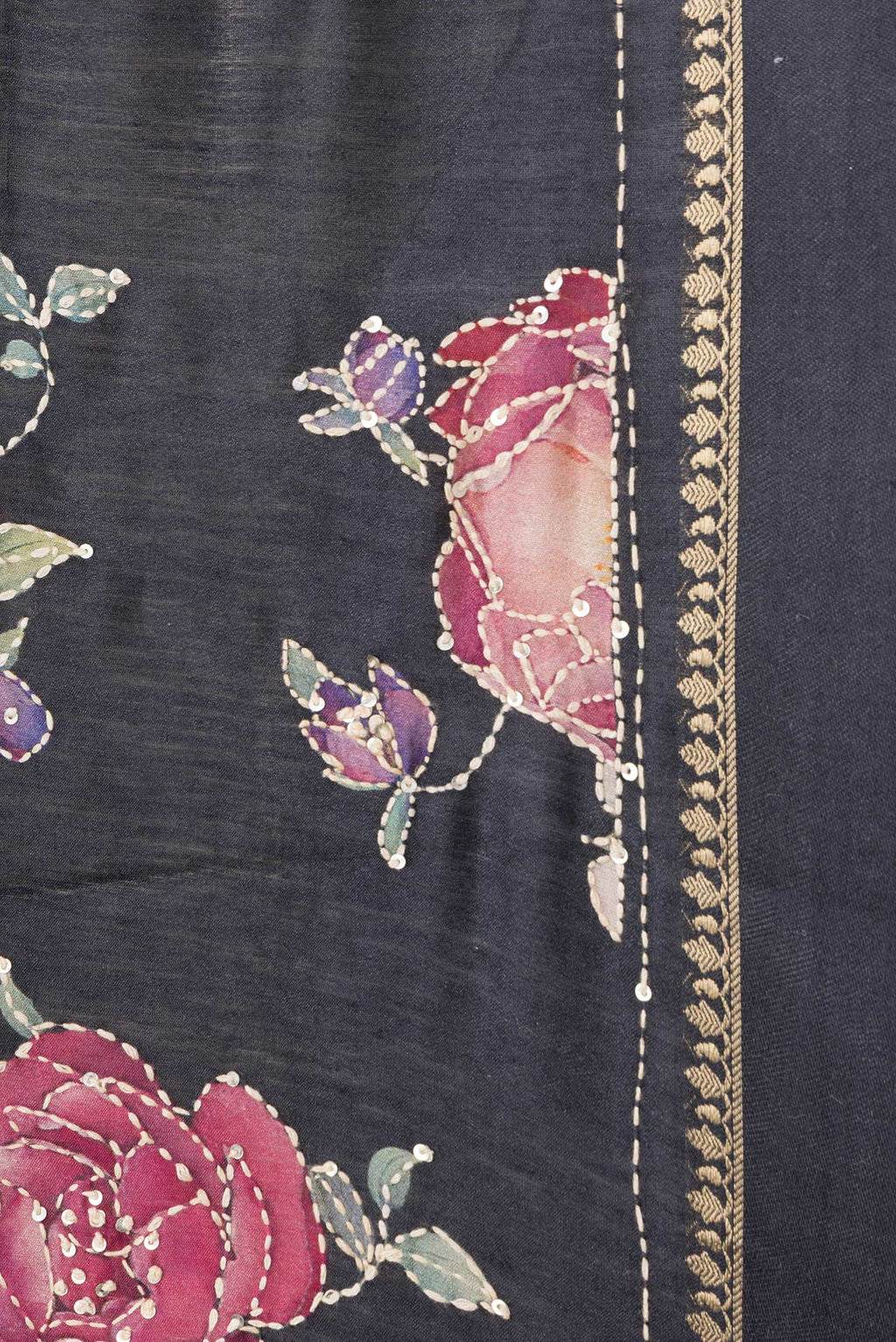 Border image of Black Dual Tone Tussar Silk Saree with Embroidery on the body and Zari And Thread Border. 