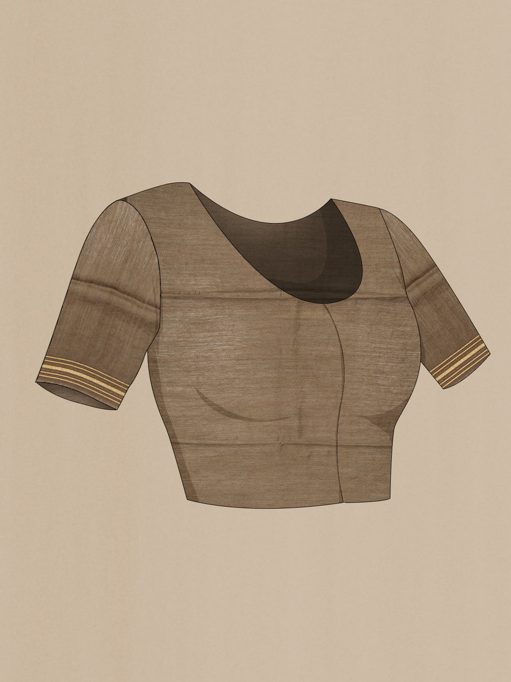 Close up image of the blouse of Brown Tussar Silk Saree with Printed design on the body and Zari Border. 