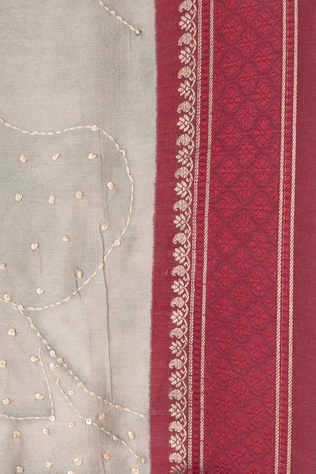 Border image of Grey Dual Tone Tussar Silk Saree with Embroidery on the body and Zari And Thread Border. 