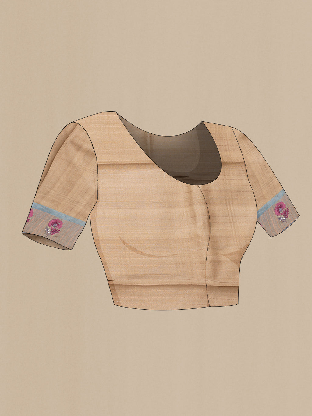 Close up image of the blouse of Grey,Pink and Mustard Color Tussar Silk Saree with Embroidery on the body and Embroidery Border. 