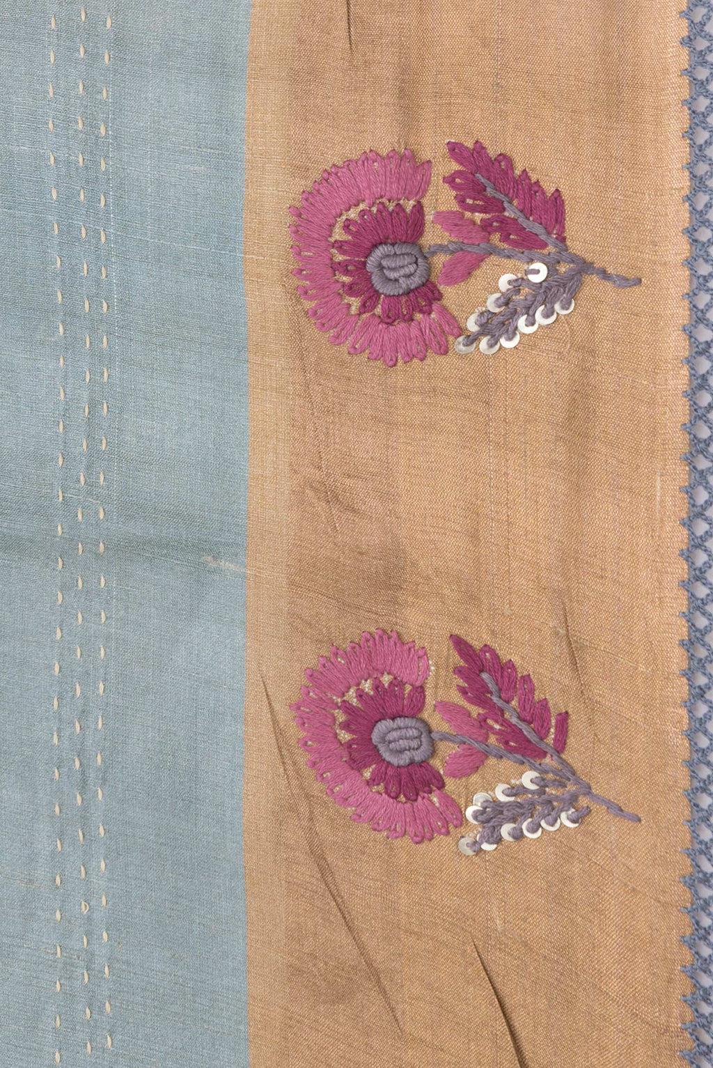 Border image of Grey,Pink and Mustard Color Tussar Silk Saree with Embroidery on the body and Embroidery Border. 