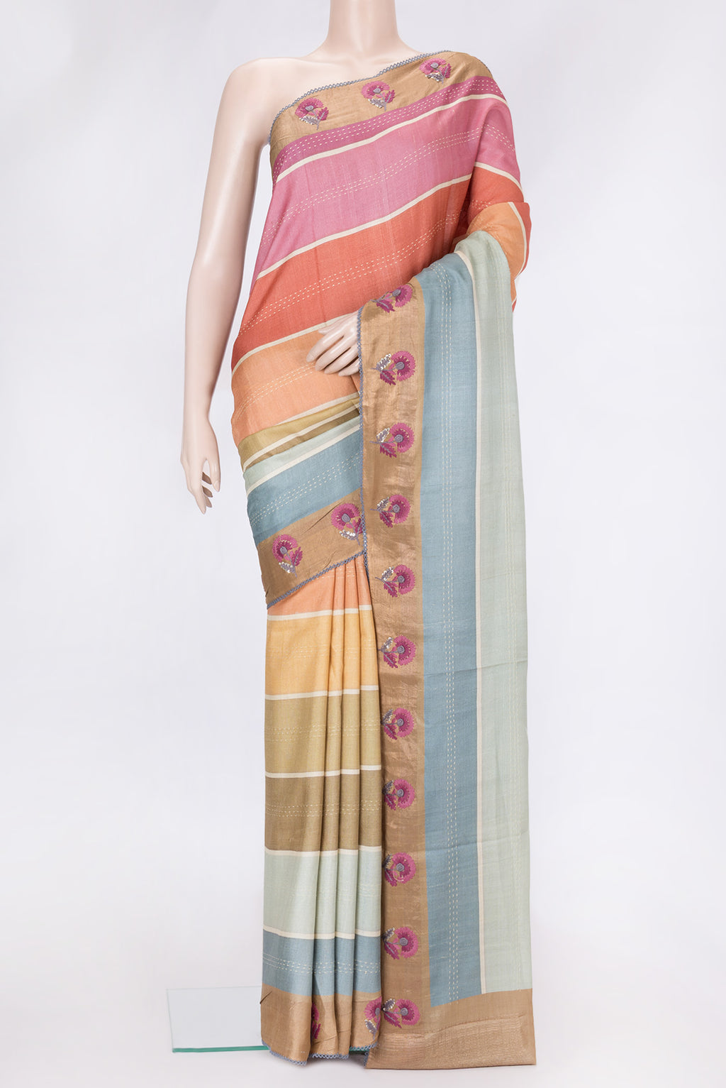 Grey,Pink and Mustard Color Tussar Silk Saree with Embroidery on the body and Embroidery Border.  displayed on a mannequin