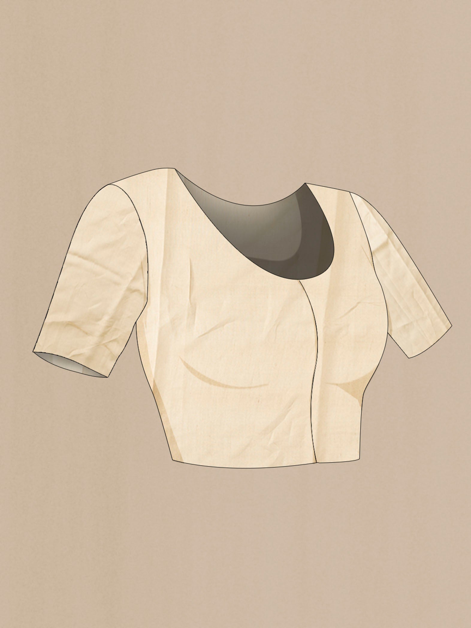 Close up image of the blouse of Beige Organza Silk Saree with Stripes on the body and Zari Border