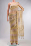 Beige Organza Silk Saree with Stripes on the body and Zari Border displayed on a mannequin