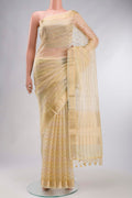 Sandal Organza Silk Saree with Stripes on the body and Zari Border displayed on a mannequin