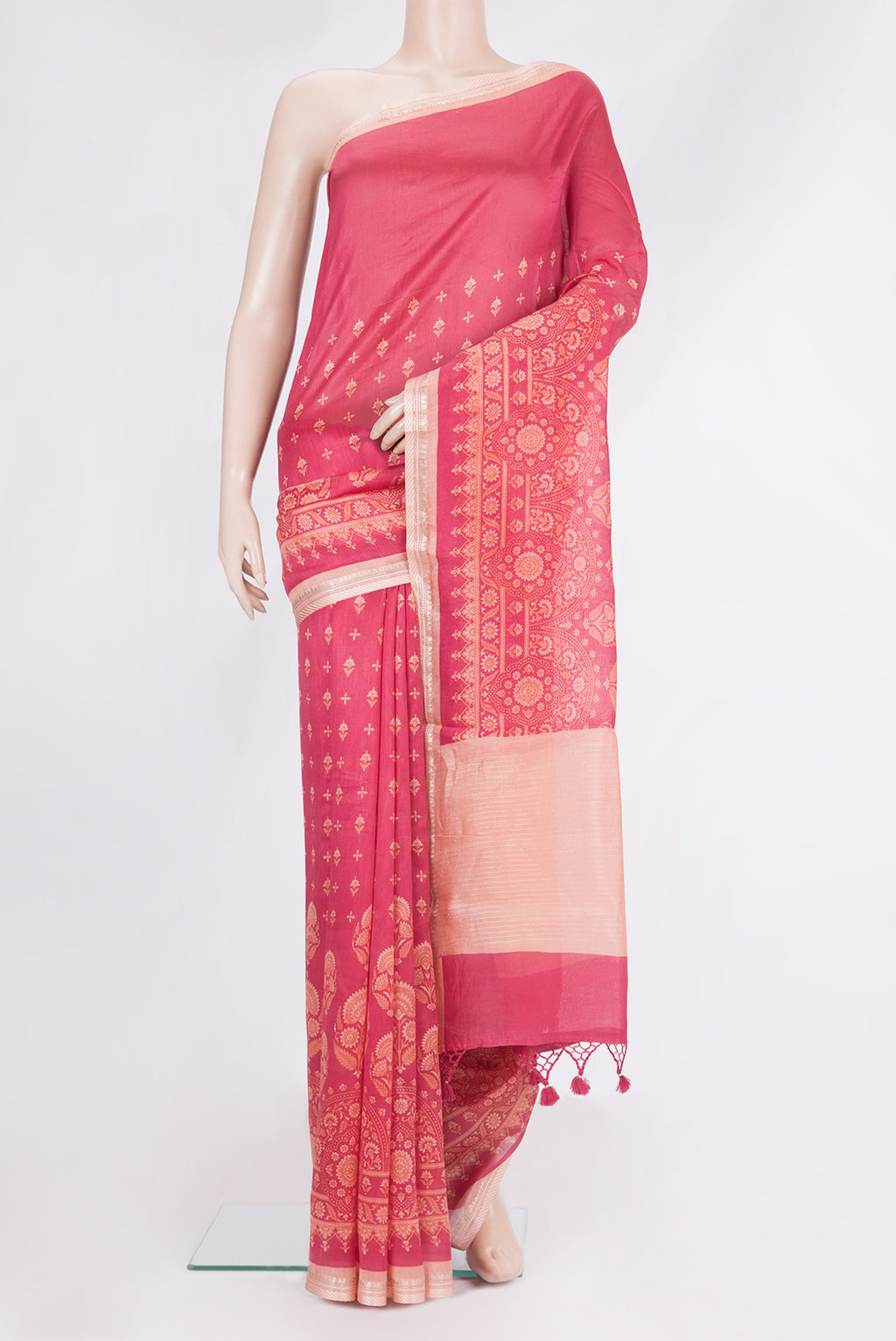 Pure Silk Pink Dual Tone Chanderi Saree with Printed design on the body and Zari Border.  displayed on a mannequin
