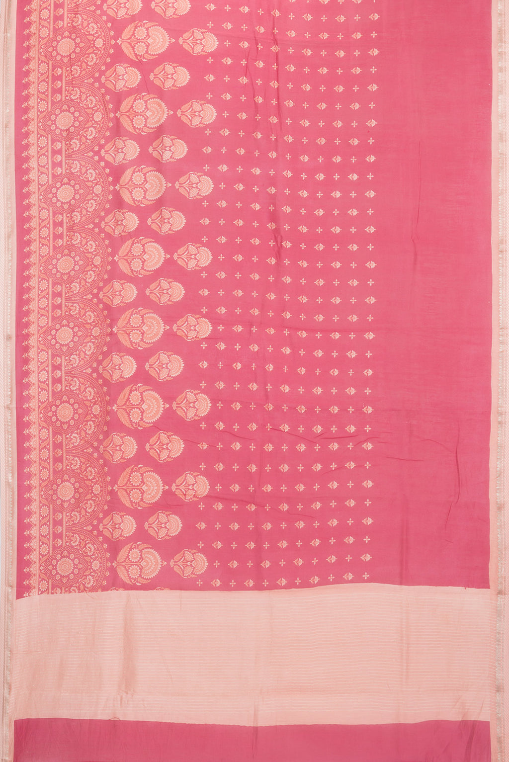 Flat view of Pure Silk Pink Dual Tone Chanderi Saree with Printed design on the body and Zari Border. 