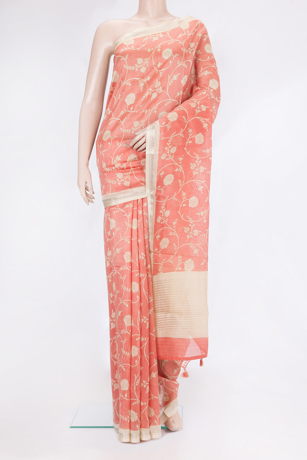 Peach Dual Tone Chanderi Silk Saree with Printed design on the body and Zari And Thread Border.  displayed on a mannequin