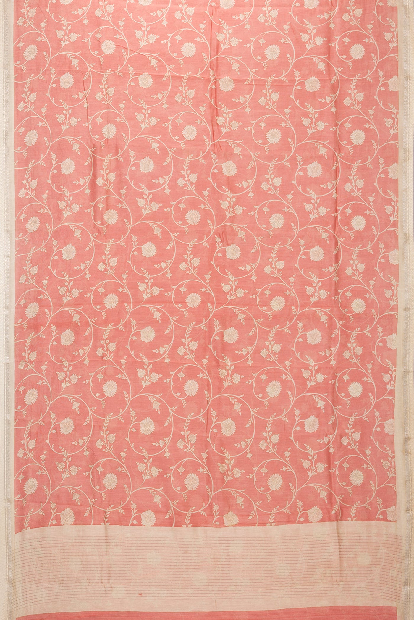 Flat view of Peach Dual Tone Chanderi Silk Saree with Printed design on the body and Zari And Thread Border. 