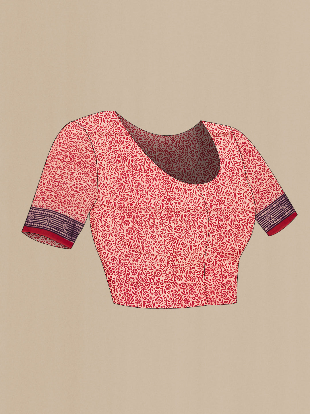 Close up image of the blouse of Rose Gold Dual Tone Mysore Crepe Saree with Printed design on the body and Printed Border. 
