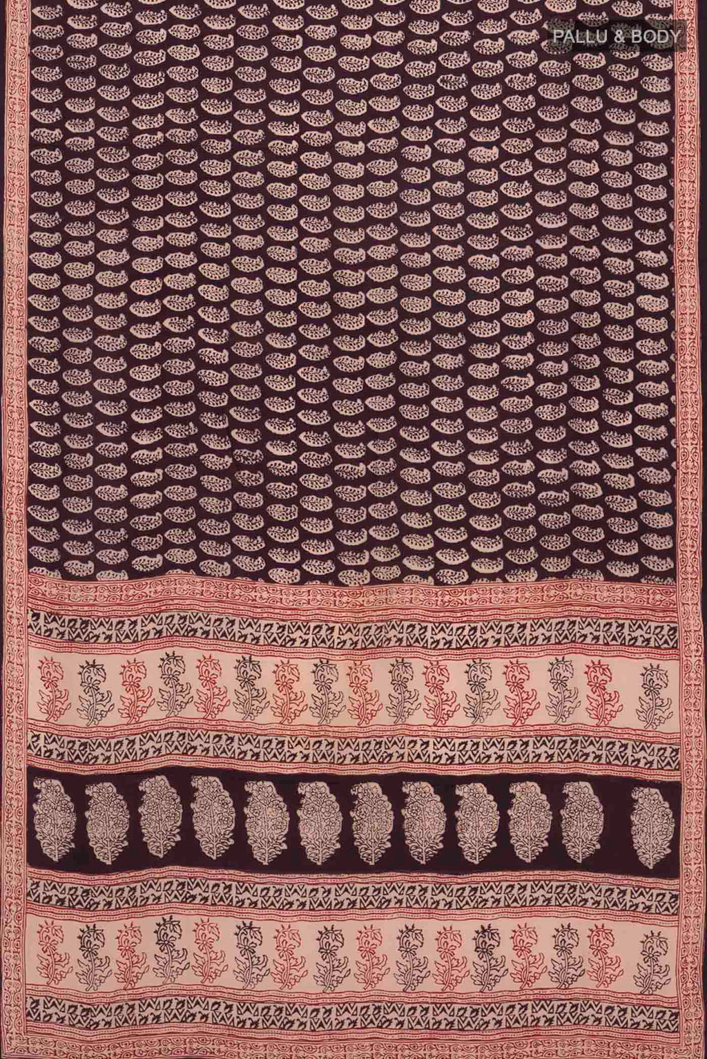 Flat view of Black Mysore Crepe Saree with Printed design on the body and Printed Border