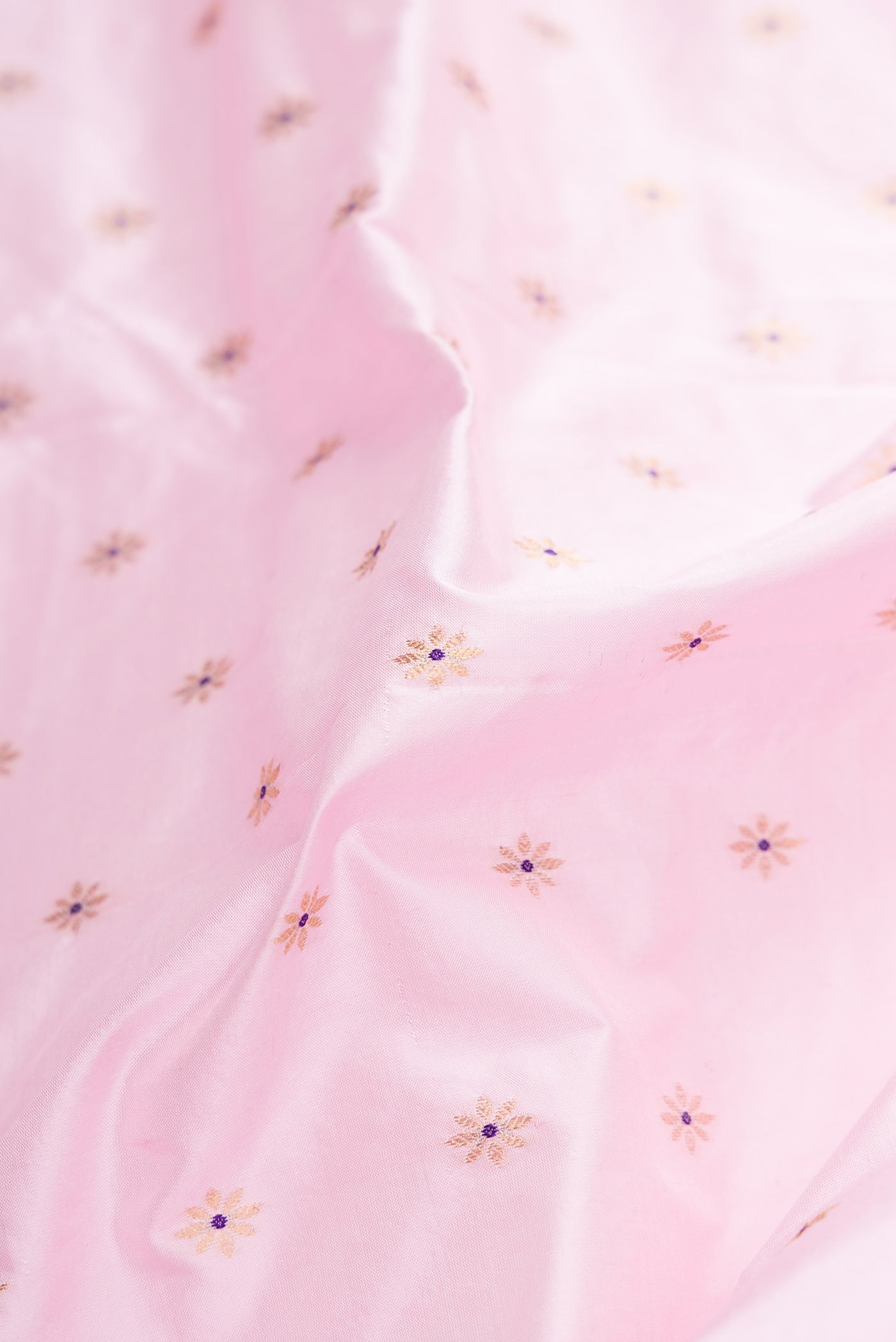 Close up of Pink Dual Tone Paithani Silk Saree with Zari Butta on the body and Paithani Border.  displaying folds