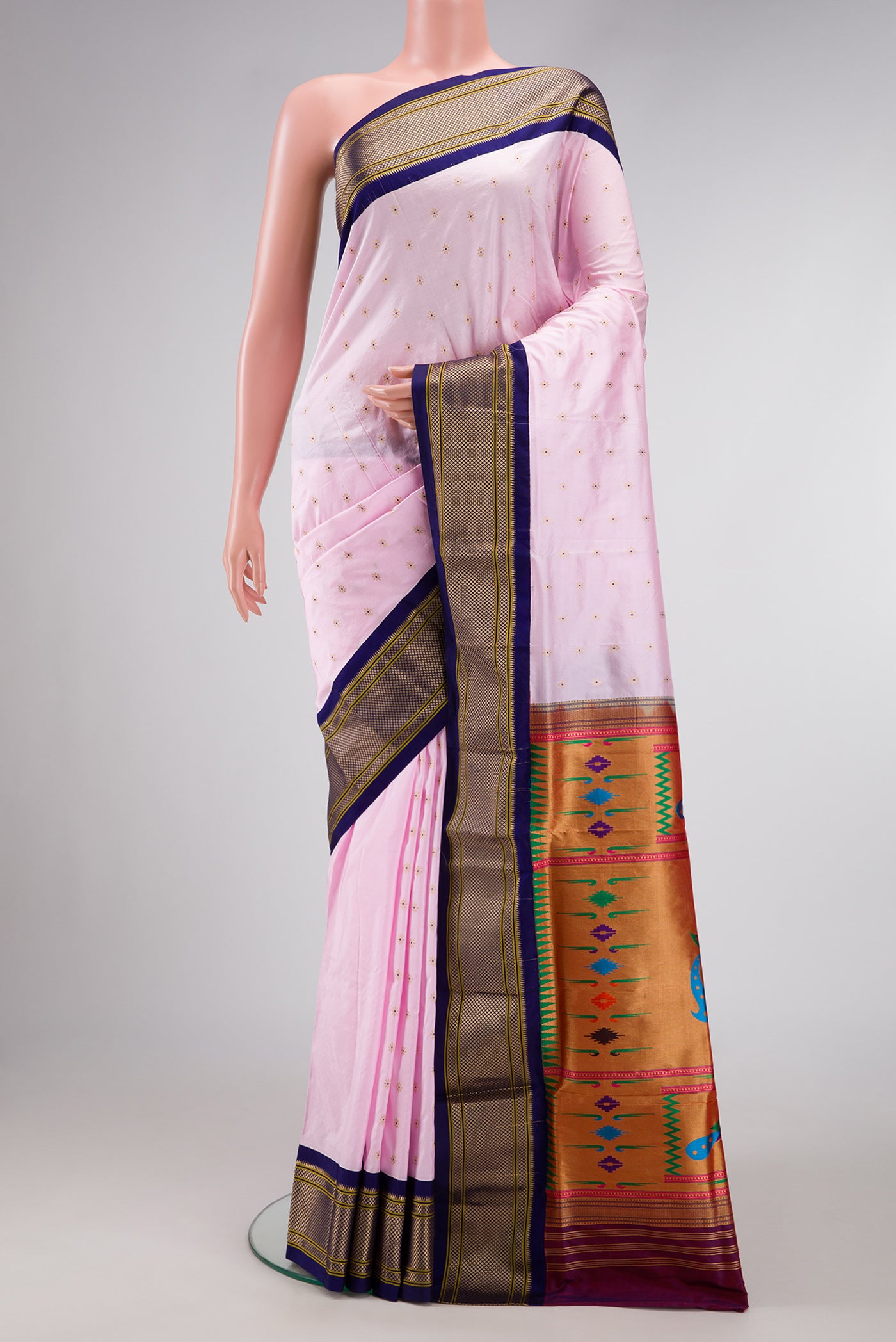 Pink Dual Tone Paithani Silk Saree with Zari Butta on the body and Paithani Border.  displayed on a mannequin