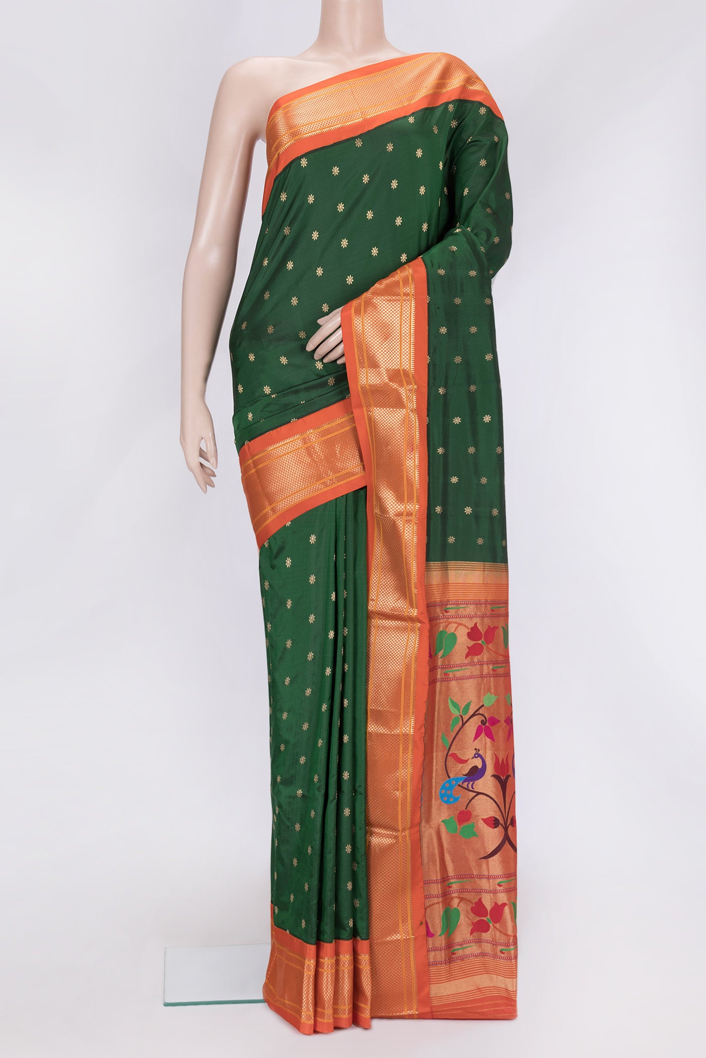 Bottle Green Dual Tone Paithani Silk Saree with Zari Butta on the body and Zari Border.  displayed on a mannequin