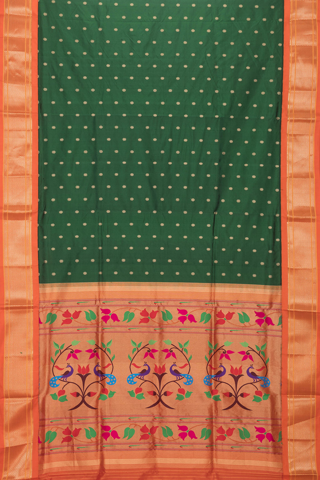 Flat view of Bottle Green Dual Tone Paithani Silk Saree with Zari Butta on the body and Zari Border. 