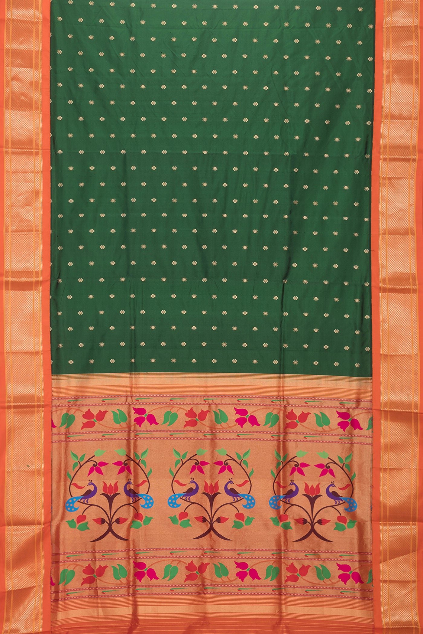 Flat view of Bottle Green Dual Tone Paithani Silk Saree with Zari Butta on the body and Zari Border. 