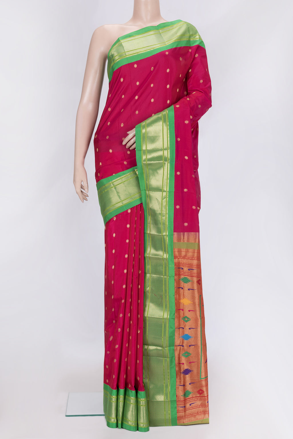 Pink Dual Tone Paithani Silk Saree with Zari Butta on the body and Zari Border.  displayed on a mannequin