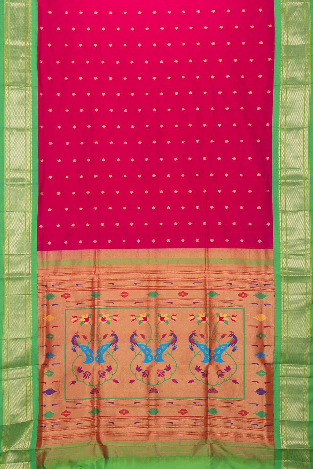 Flat view of Pink Dual Tone Paithani Silk Saree with Zari Butta on the body and Zari Border. 
