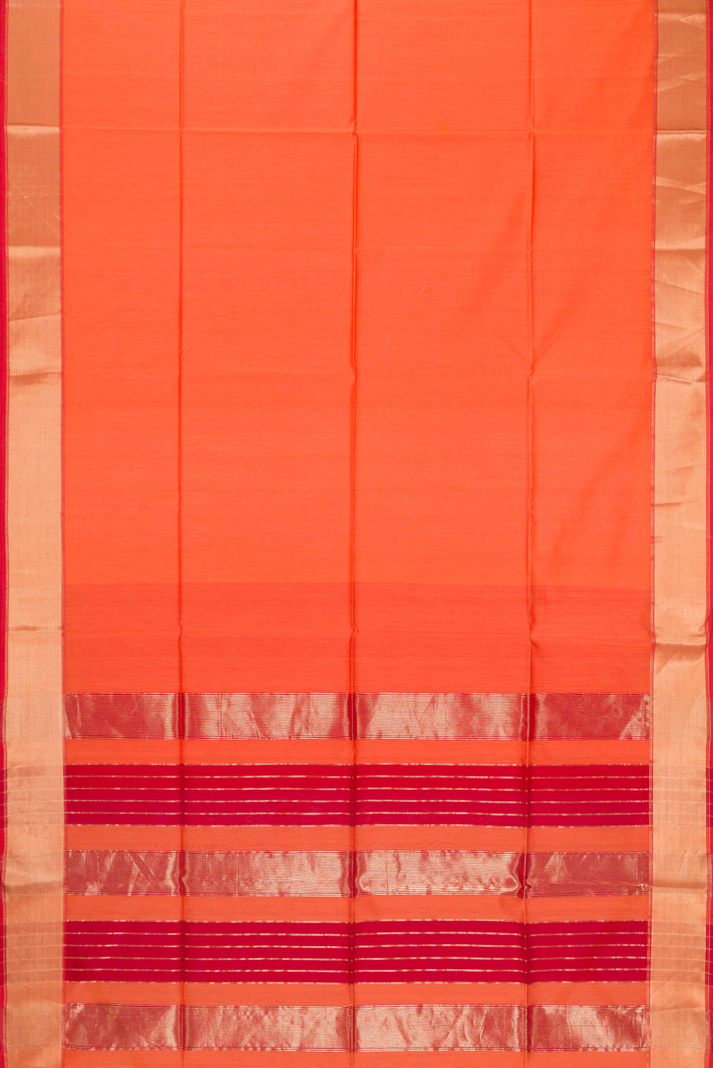 Flat view of Orange Dual Tone Maheshwari Silk Cotton Saree with Plain Body and Zari Border. 