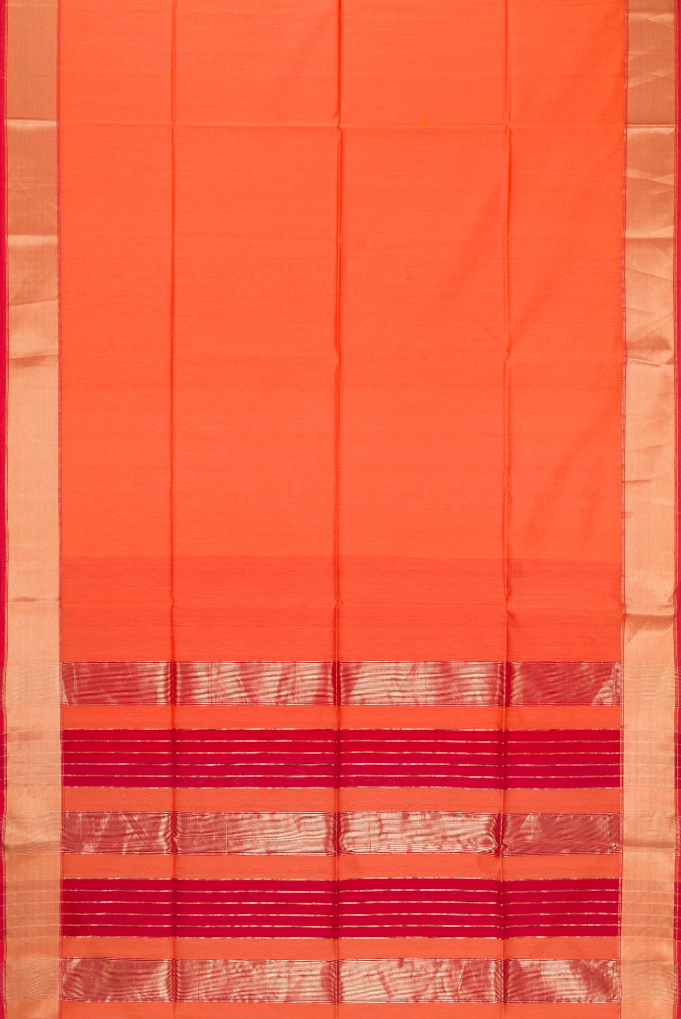 Flat view of Orange Dual Tone Maheshwari Silk Cotton Saree with Plain Body and Zari Border. 