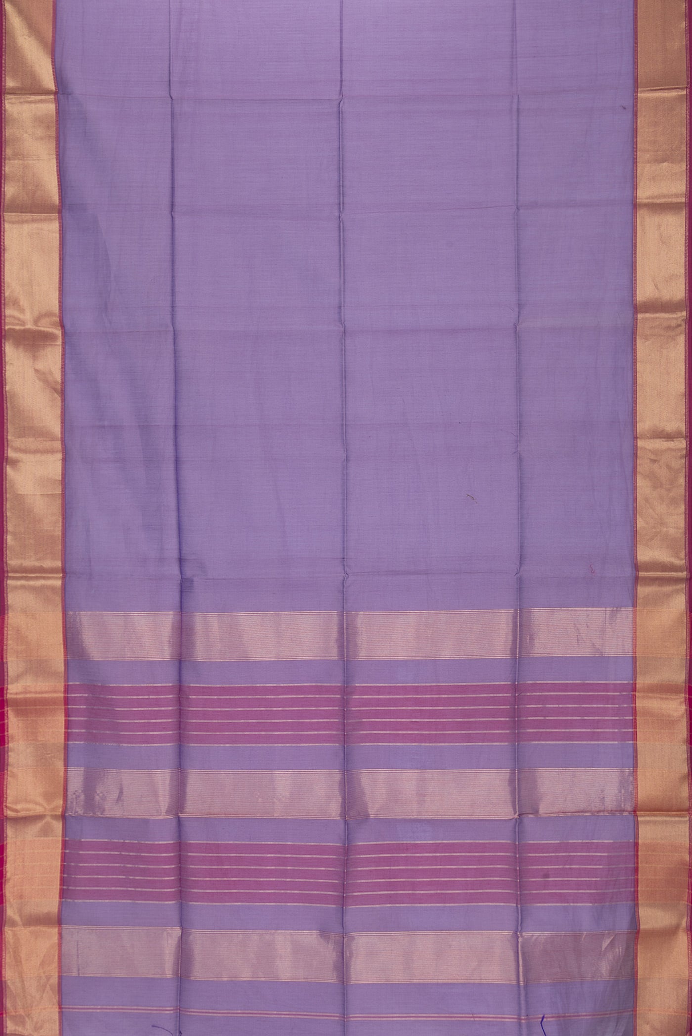 Flat view of Purple Dual Tone Maheshwari Silk Saree with Stripes on the body and Zari Border. 