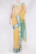 Beige Dual Tone Maheshwari Silk Saree with Stripes on the body and Zari Border.  displayed on a mannequin