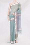 Sea Green Dual Tone Maheshwari Silk Saree with Stripes on the body and Zari Border.  displayed on a mannequin