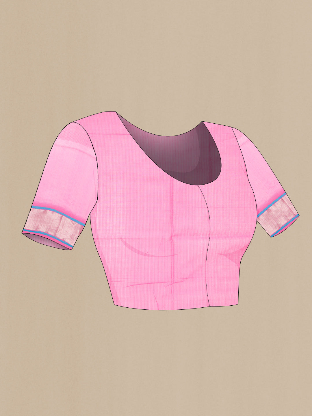 Close up image of the blouse of Pink Dual Tone Maheshwari Silk Cotton Saree with Stripes on the body and Zari Border. 