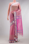 Pink Dual Tone Maheshwari Silk Cotton Saree with Stripes on the body and Zari Border.  displayed on a mannequin