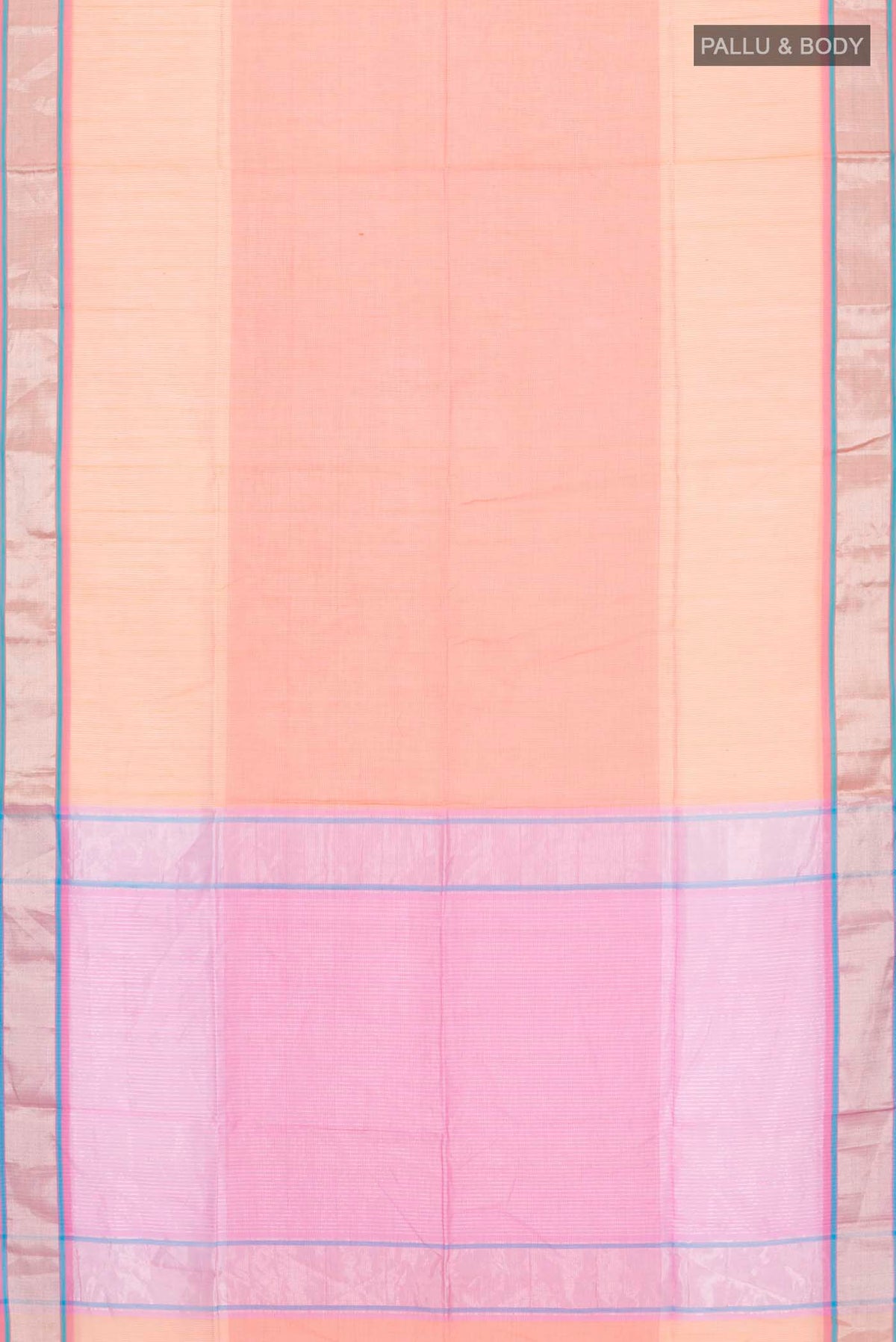 Flat view of Orange Maheshwari Silk Cotton Saree with Stripes on the body and Zari Border