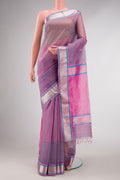 Lavender Dual Tone Silk Cotton Saree with Checked design on the body and Zari Border displayed on a mannequin