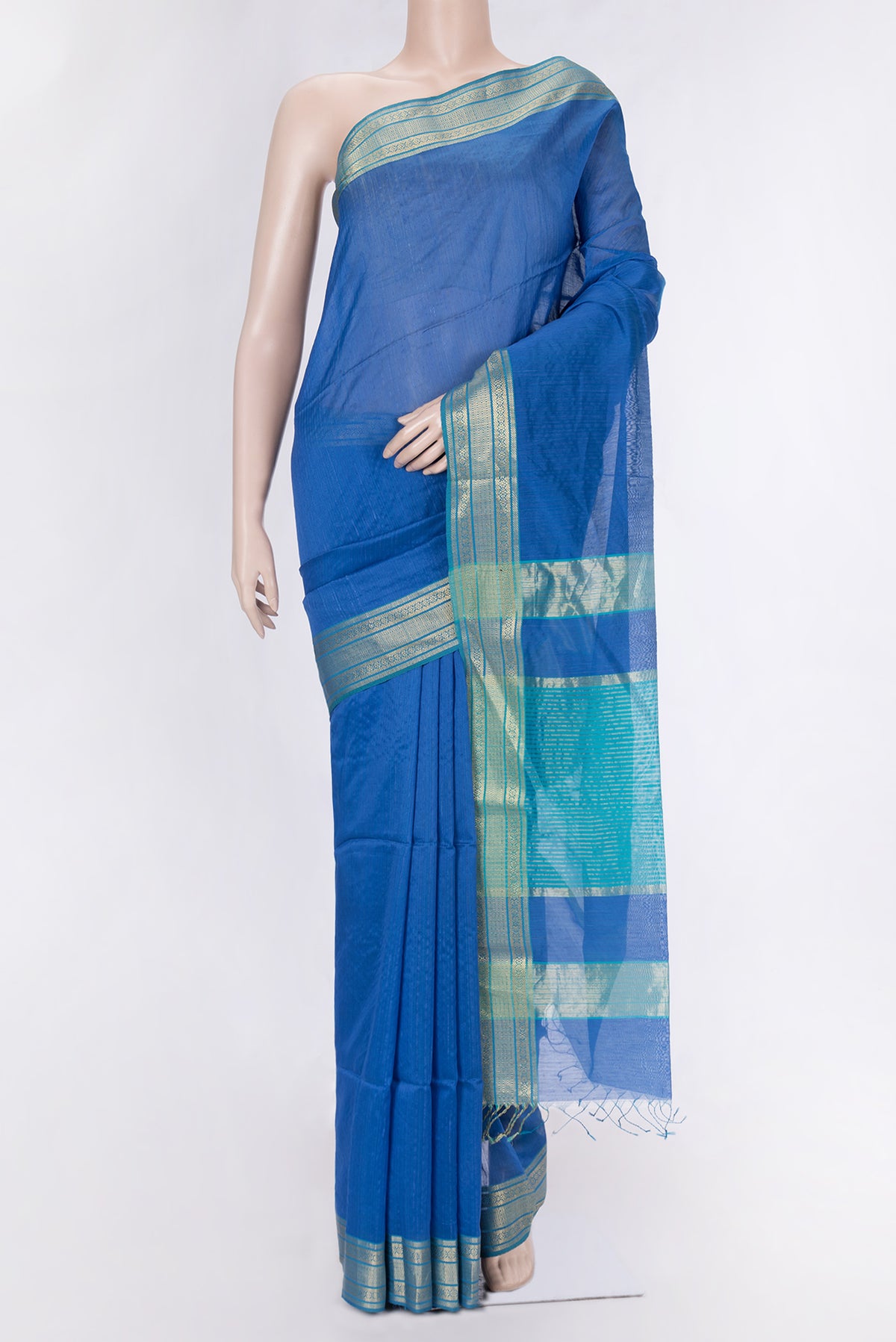 Royal Blue Dual Tone Maheshwari Silk Saree with Stripes on the body and Zari Border.  displayed on a mannequin