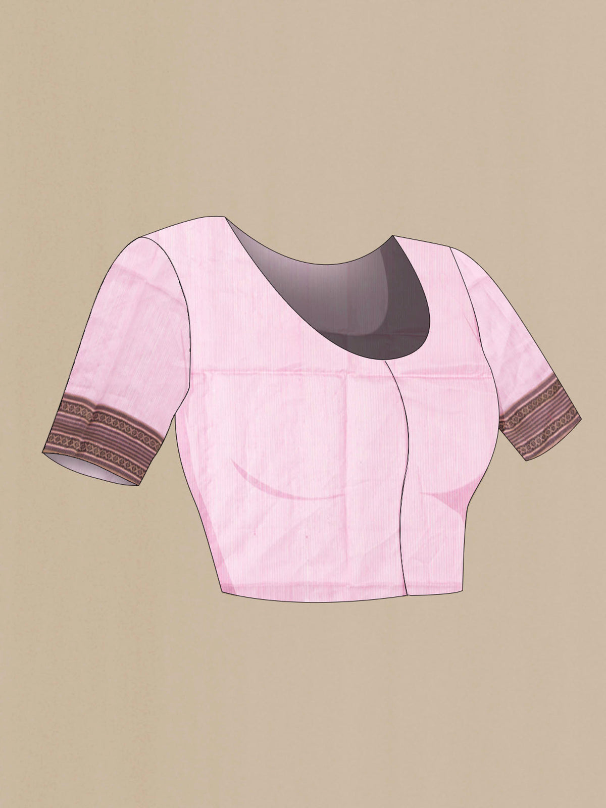 Close up image of the blouse of Pink Maheshwari Silk Cotton Saree with Stripes on the body and Zari And Thread Border