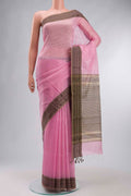 Pink Maheshwari Silk Cotton Saree with Stripes on the body and Zari And Thread Border displayed on a mannequin
