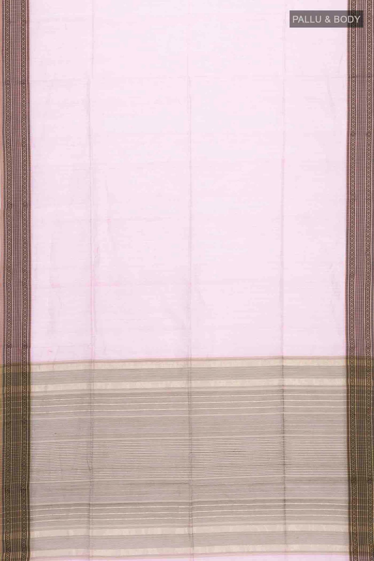 Flat view of Pink Maheshwari Silk Cotton Saree with Stripes on the body and Zari And Thread Border
