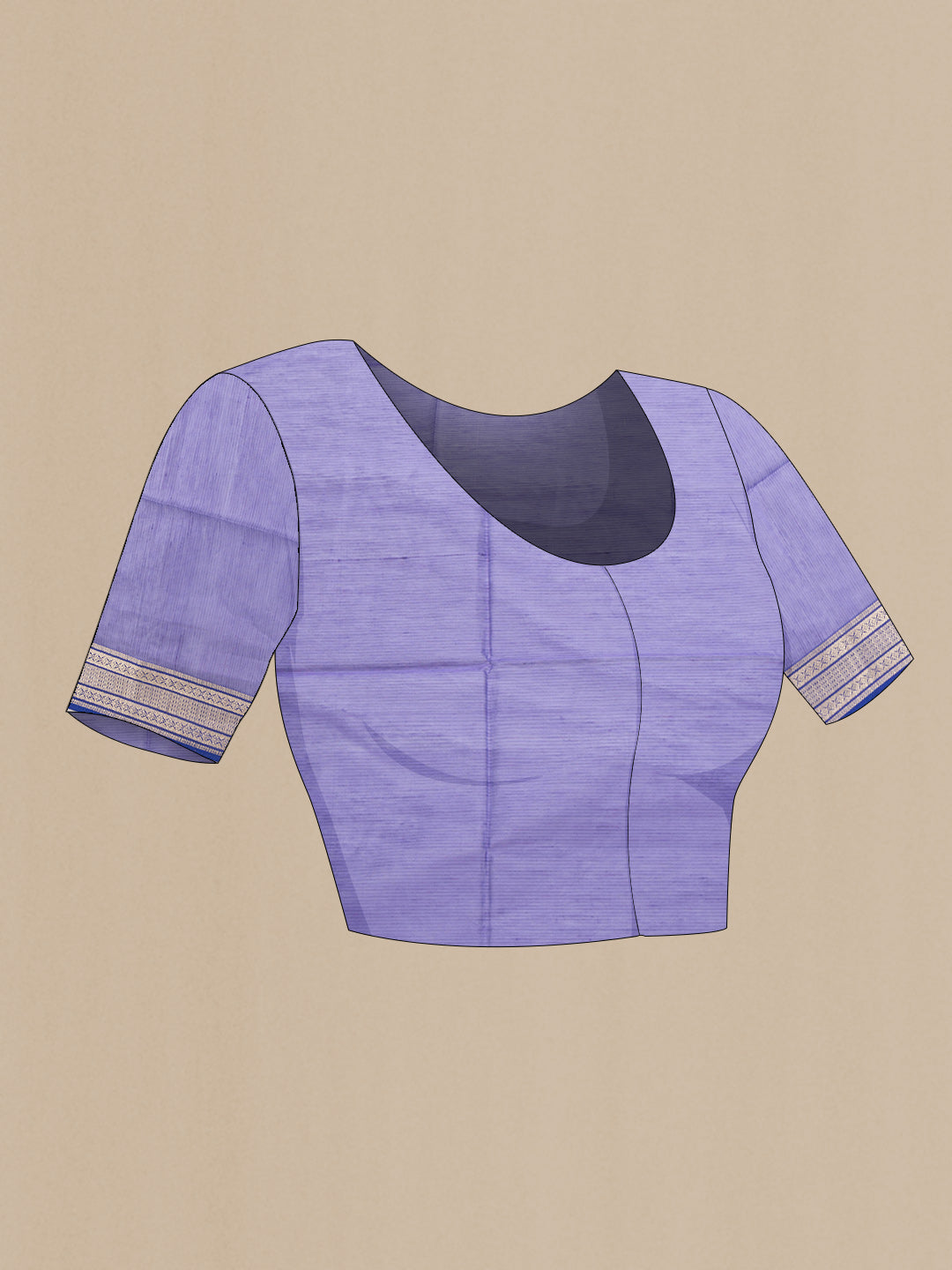Close up image of the blouse of Lavender Dual Tone Maheshwari Silk Saree with Stripes on the body and Zari Border. 