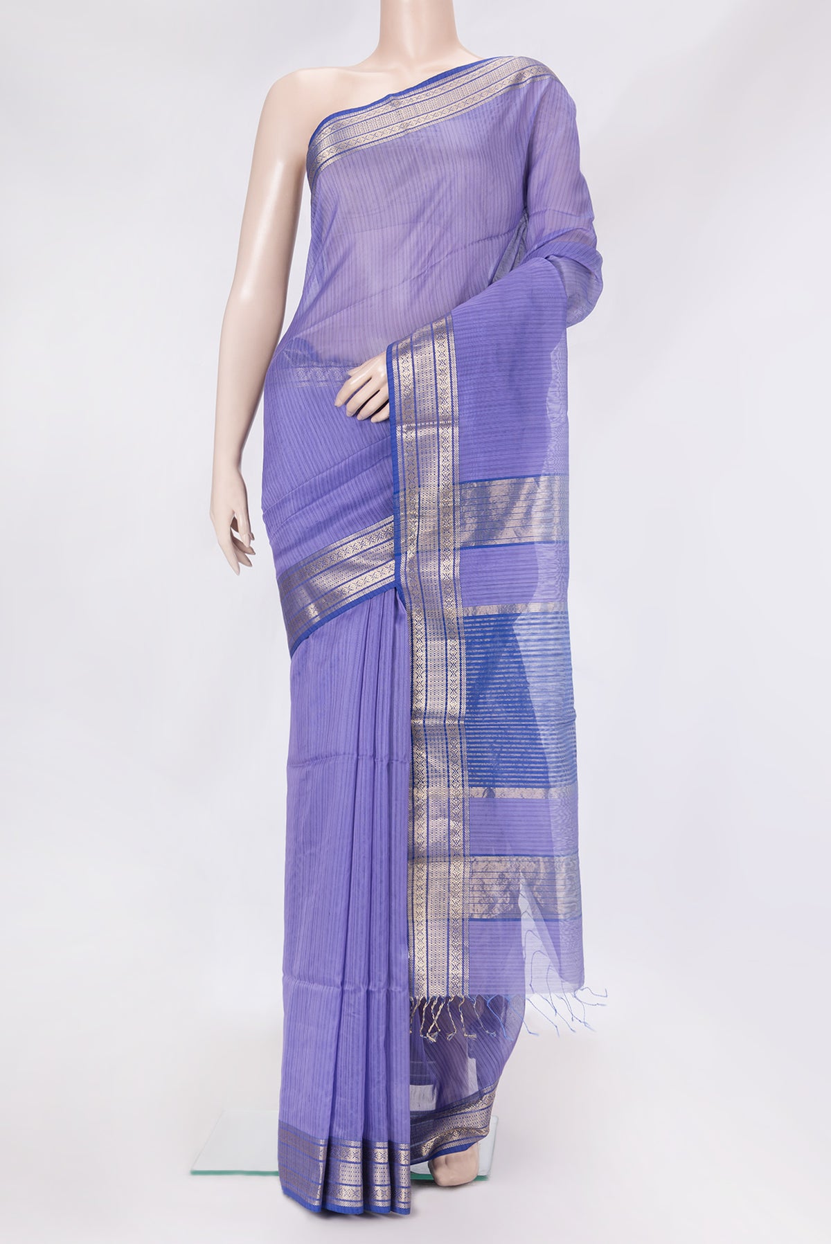 Lavender Dual Tone Maheshwari Silk Saree with Stripes on the body and Zari Border.  displayed on a mannequin